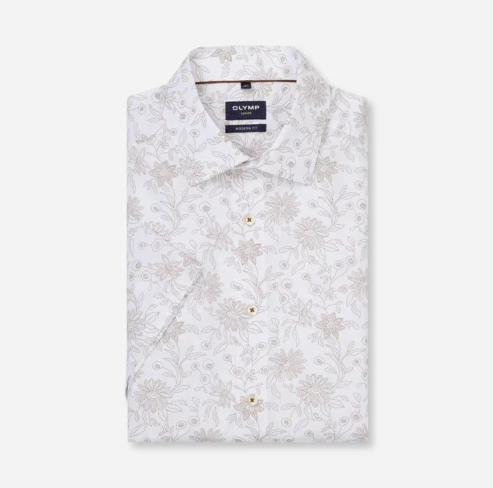 Olymp miesten lyhythihainen kauluspaita Luxor Modern Fit SS Floral Print, valkopohjainen kuosi
