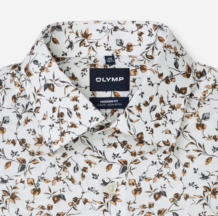 Olymp miesten kauluspaita Luxor Modern Fit Floral Print, valkopohjainen kuosi