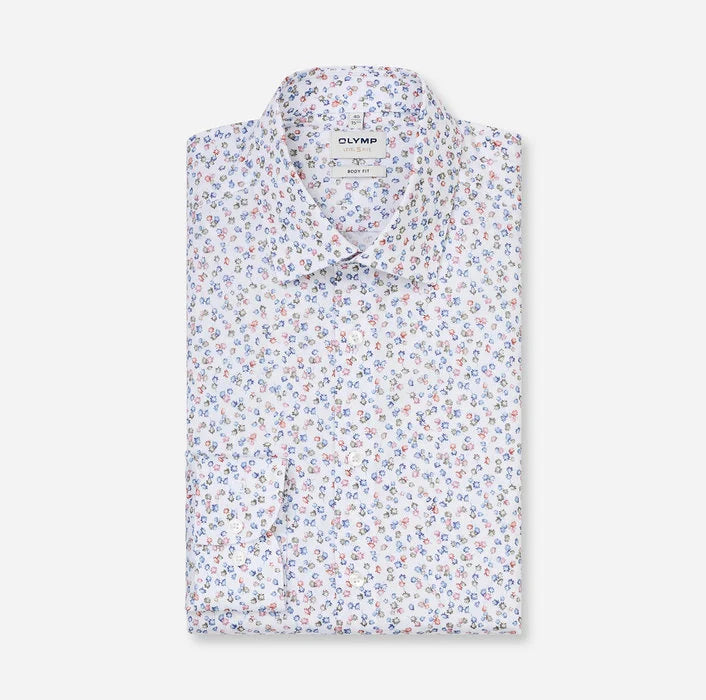 Olymp miesten kauluspaita Level Five Body Fit, valkopohjainen kuosi