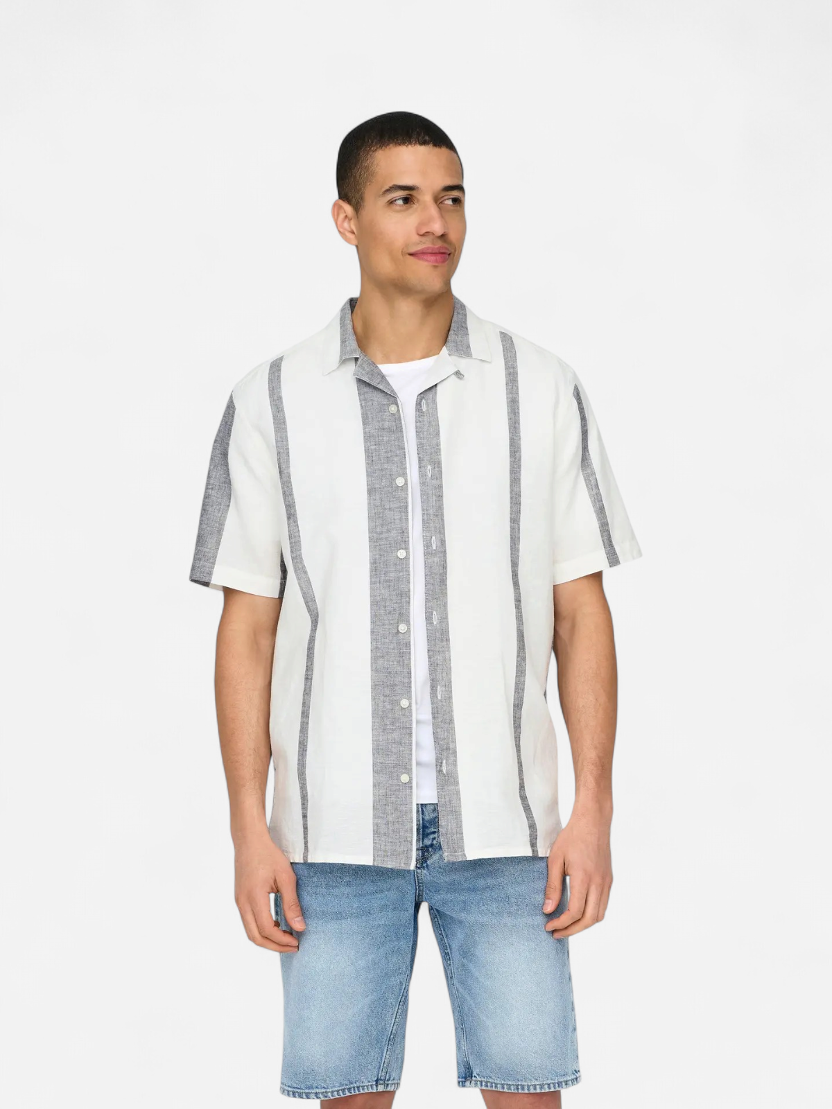 Only and Sons miesten kauluspaita ONSCaiden Life Stripe Res Linen Blend Noos, Cloud Dancer - Kekäle.fi