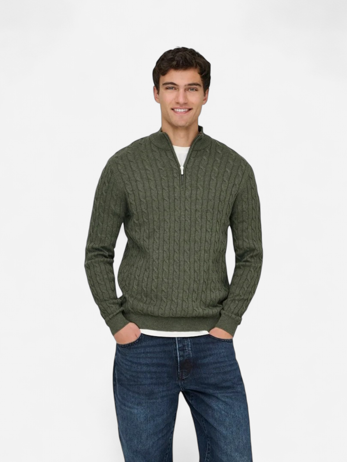 Only and Sons miesten neulepusero Loui Half Zip, Castor Gray Melange - Kekäle.fi