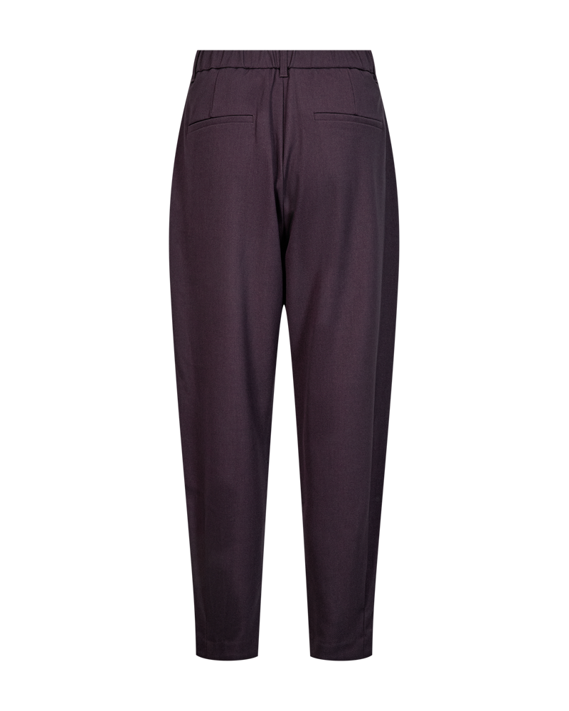 Copenhagen Muse naisten housut Tailor Pants, tumma luumunpunainen, suoralinjaiset kangashousut, korkea vyötärö, vyölenkit ja takataskut.