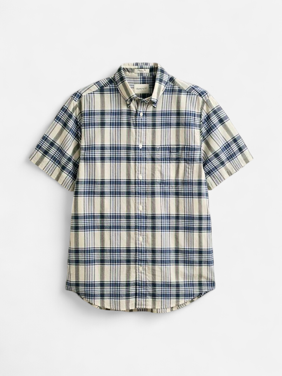 Gant miesten kauluspaita Regular Fit Madras Check SS Shirt, sininen ruutu - Kekäle.fi