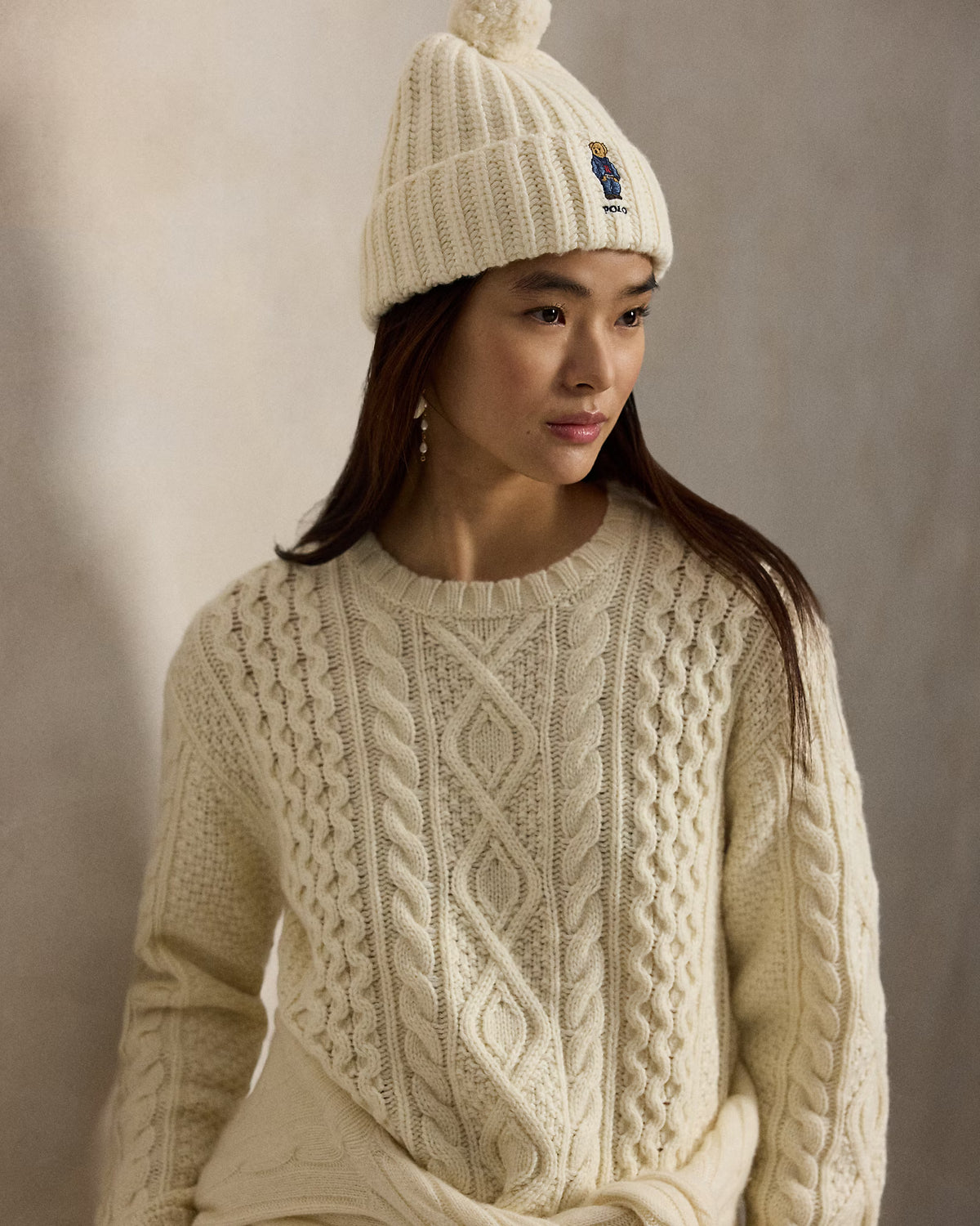 Polo Ralph Lauren naisten pipo Polo Bear Rib Pom Pom Beanie, luonnonvalkoinen
