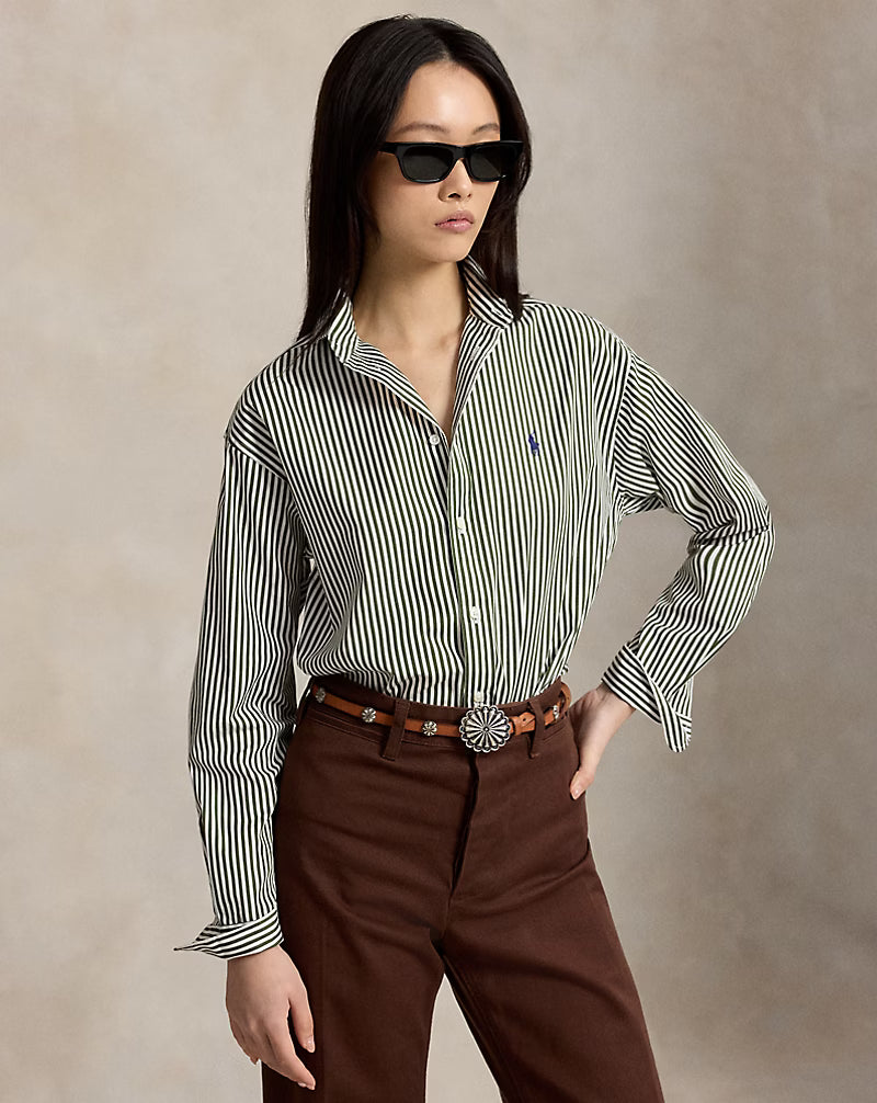 Polo Ralph Lauren naisten paitapusero Relaxed Fit Striped Cotton Shirt, raidallinen vihreä