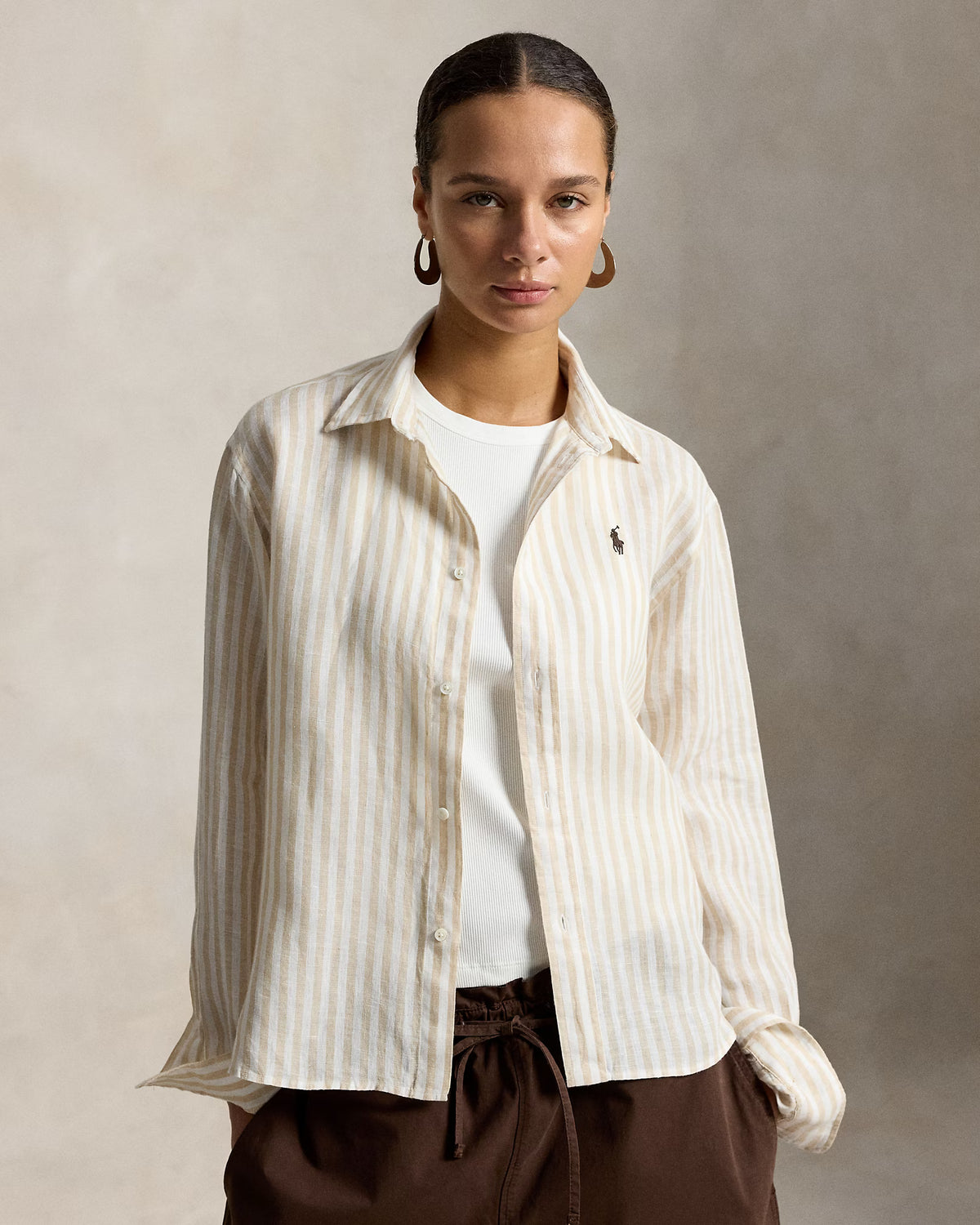 Polo Ralph Lauren naisten paitapusero Striped Knit Oxford Shirt, white/coastal beige
