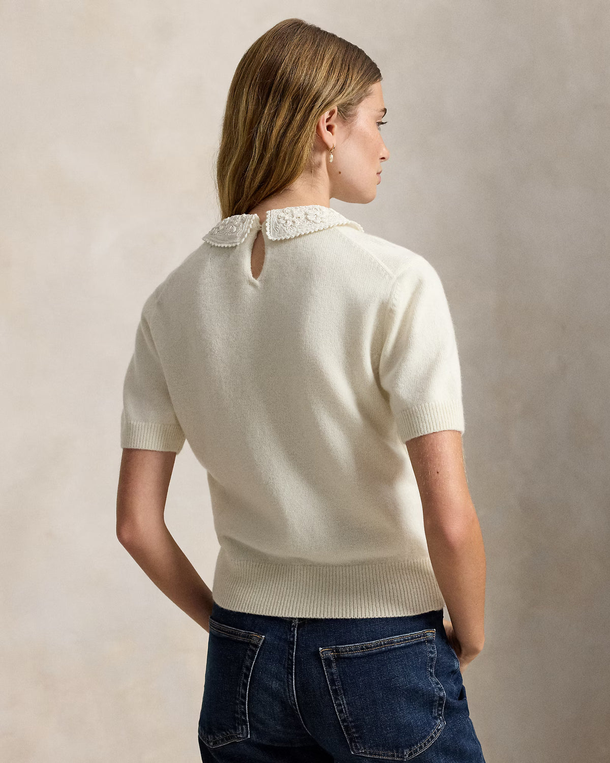 Polo Ralph Lauren naisten neulepusero Lace-Collar Short-Sleeve Jumper, Authentic Cream