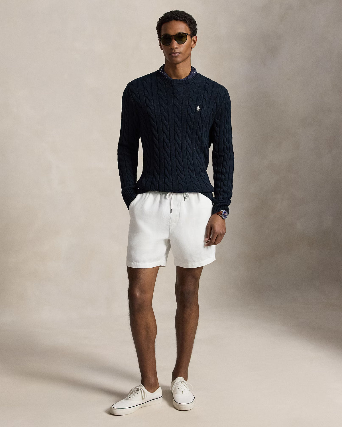 Polo Ralph Lauren miesten neulepaita Cotton Cable LS Drive Pullover, tummansininen, puuvillainen palmikkoneule, pyöreä pääntie, pitkät hihat ja joustinneuleet helmassa sekä hihansuissa