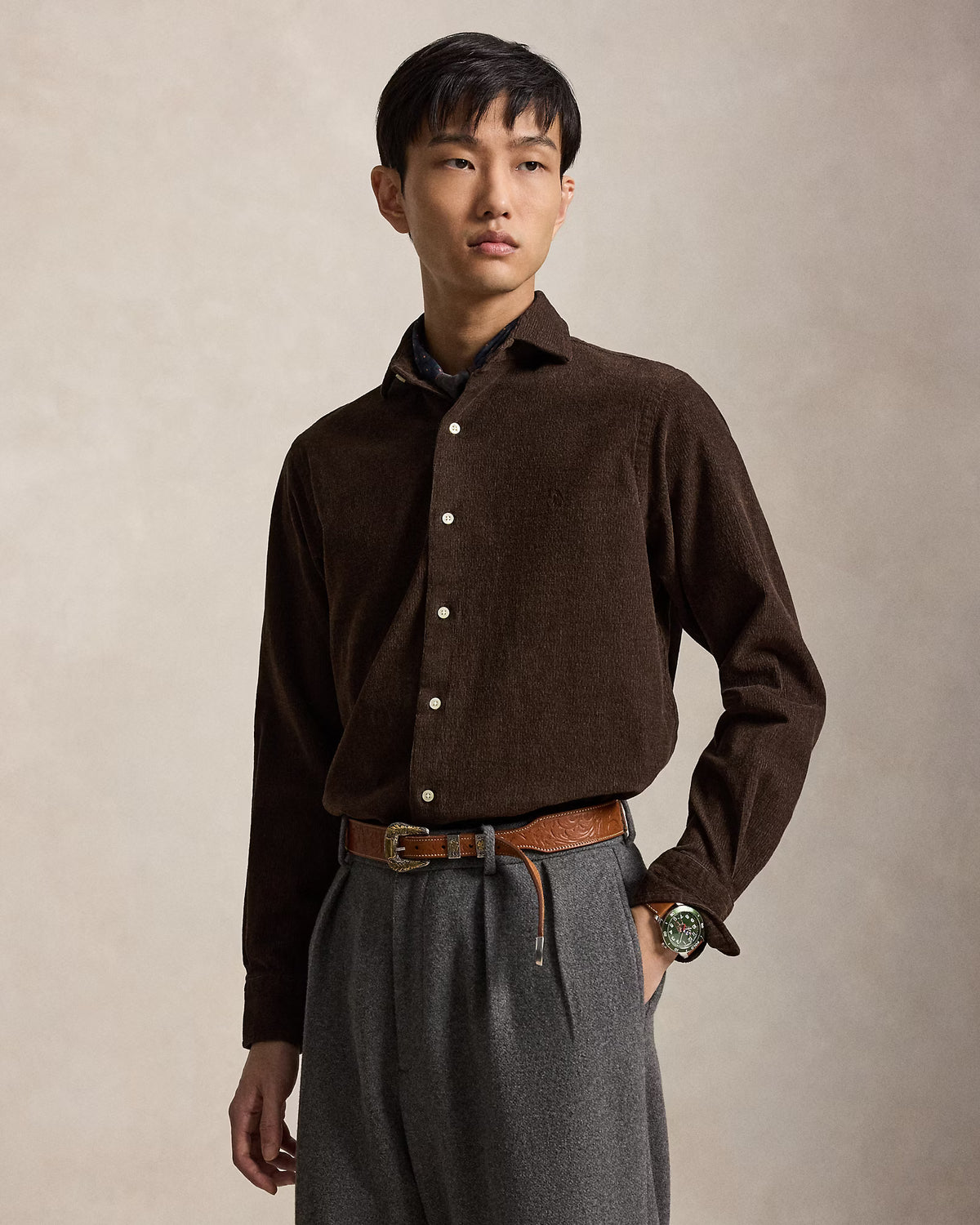 Polo Ralph Lauren miesten kauluspaita Custom Fit Stretch Corduroy Shirt, Alpine Brown Heather
