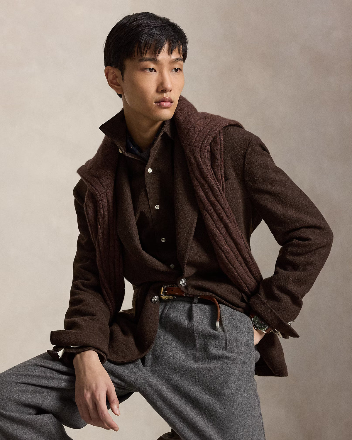 Polo Ralph Lauren miesten kauluspaita Custom Fit Stretch Corduroy Shirt, Alpine Brown Heather