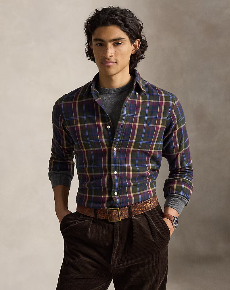 Polo Ralph Lauren miesten kauluspaita Custom Fit Plaid Brushed Flannel Shirt, Olive Berry Multi