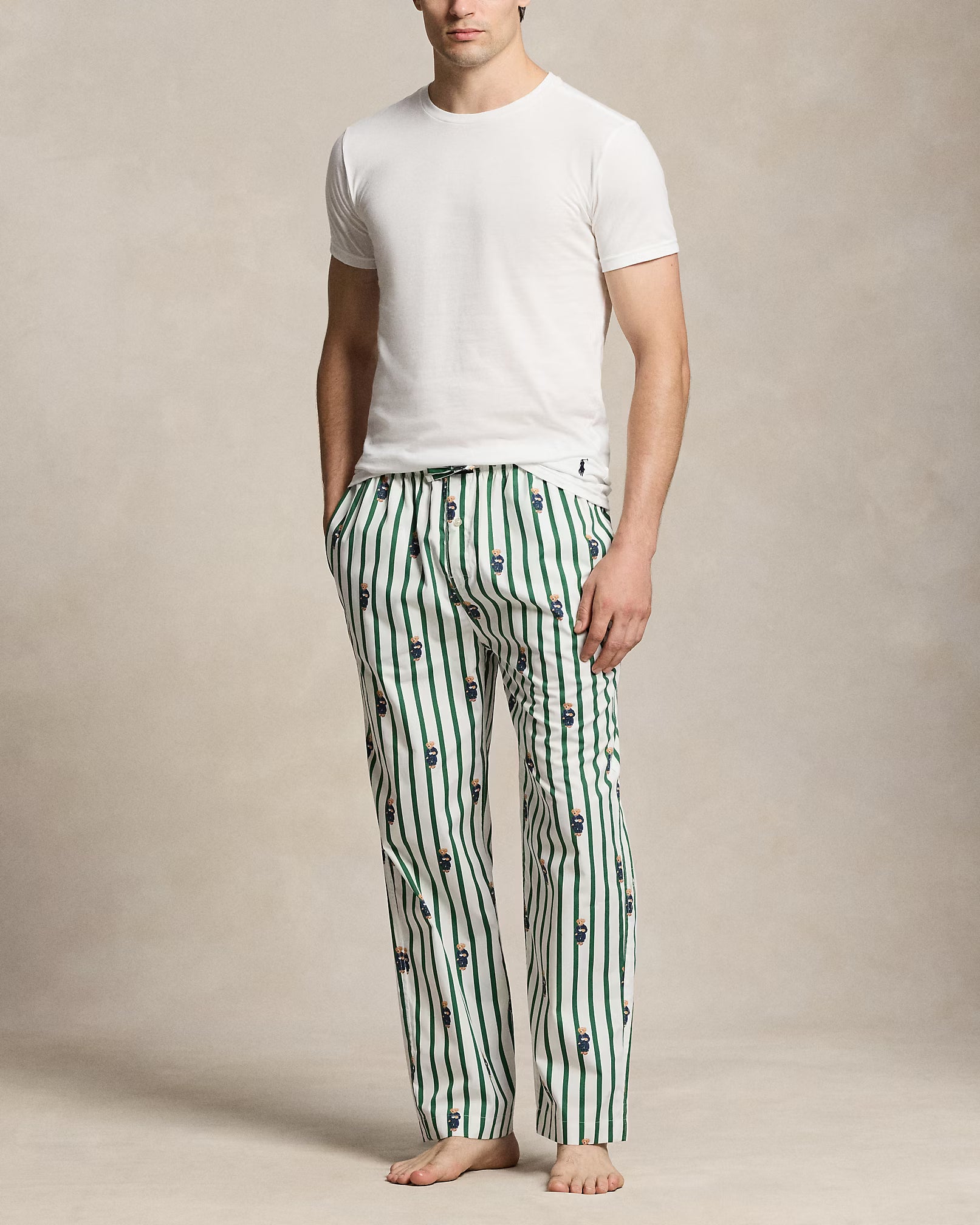 Polo Ralph Lauren miesten pyjamahousut Polo Bear Striped Pyjama Pant, raidallinen vihreä