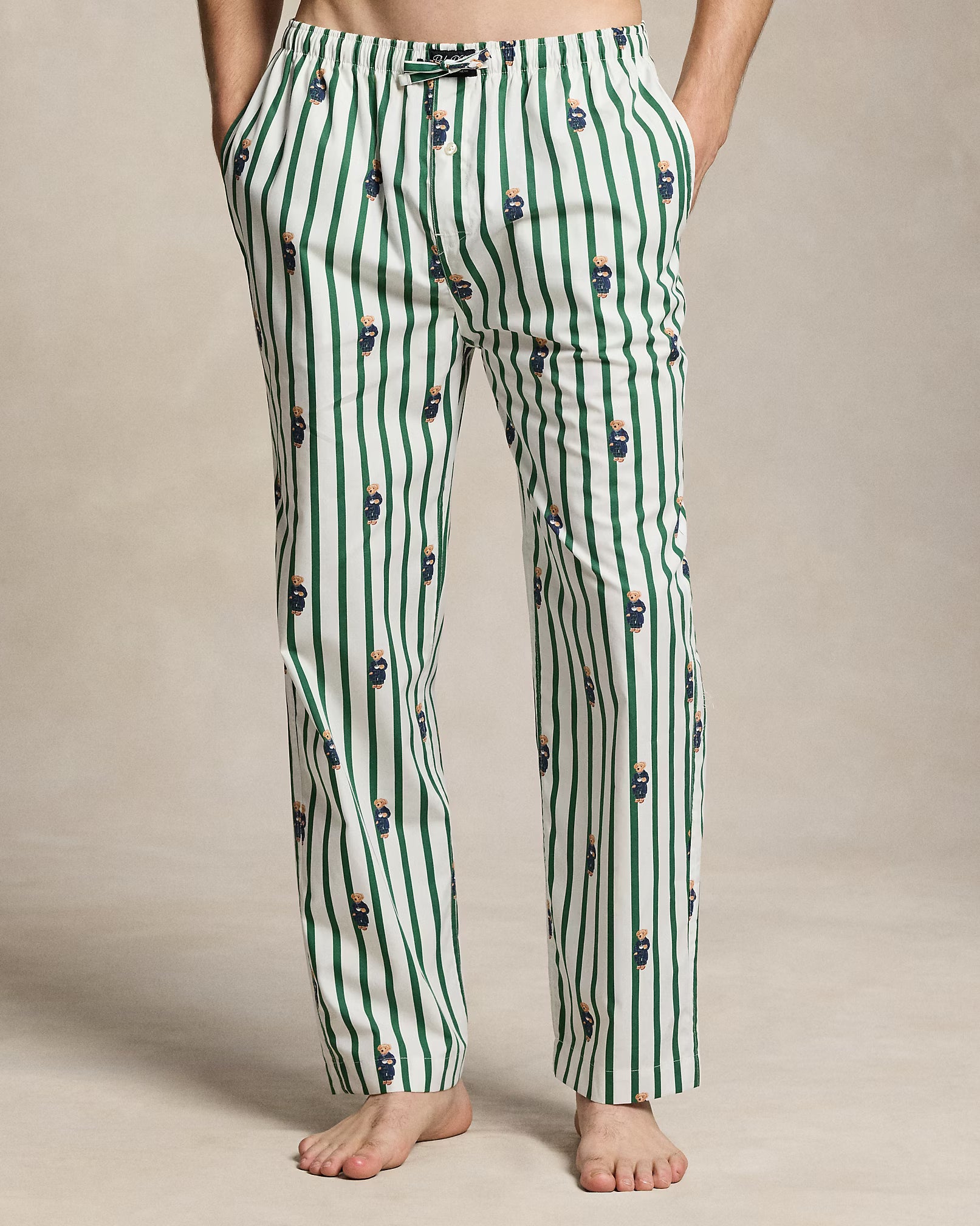 Polo Ralph Lauren miesten pyjamahousut Polo Bear Striped Pyjama Pant, raidallinen vihreä