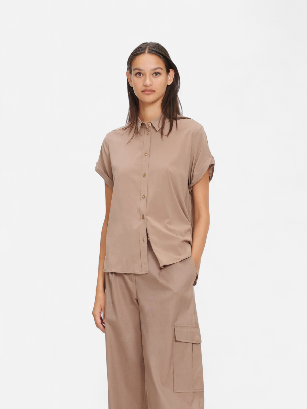 Samsoe and Samsoe, Naisten Lyhythihainen Kauluspaita, Majan Ss Shirt 9942 Beige - Kekäle.fi