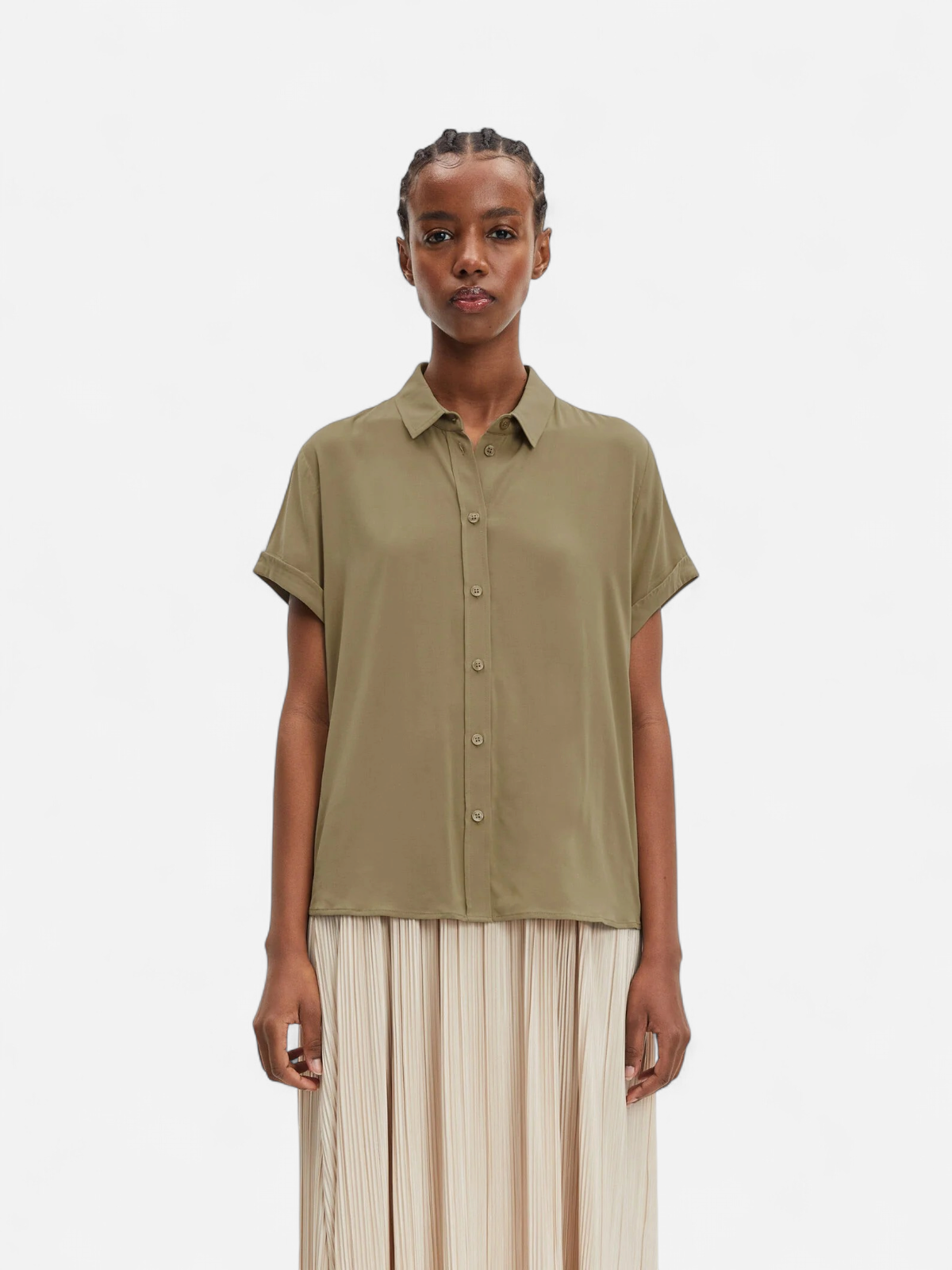Samsoe and Samsoe, Naisten Lyhythihainen Kauluspaita, Majan Ss Shirt 9942 Khaki - Kekäle.fi