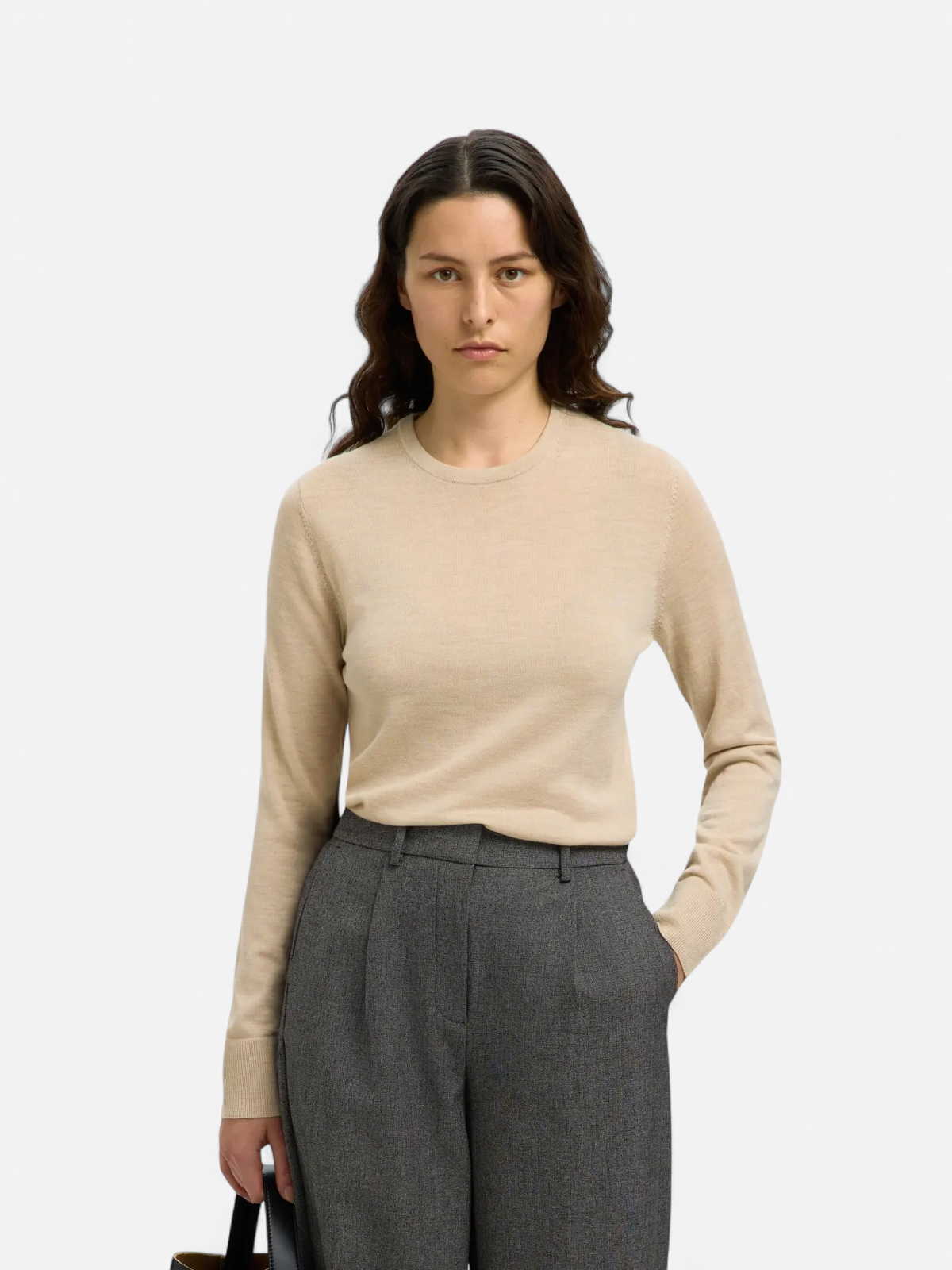 Selected Femme Naisten Neulepaita, Slfthea LS Knit Merino O-Neck Noos Oatmeal - Kekäle.fi