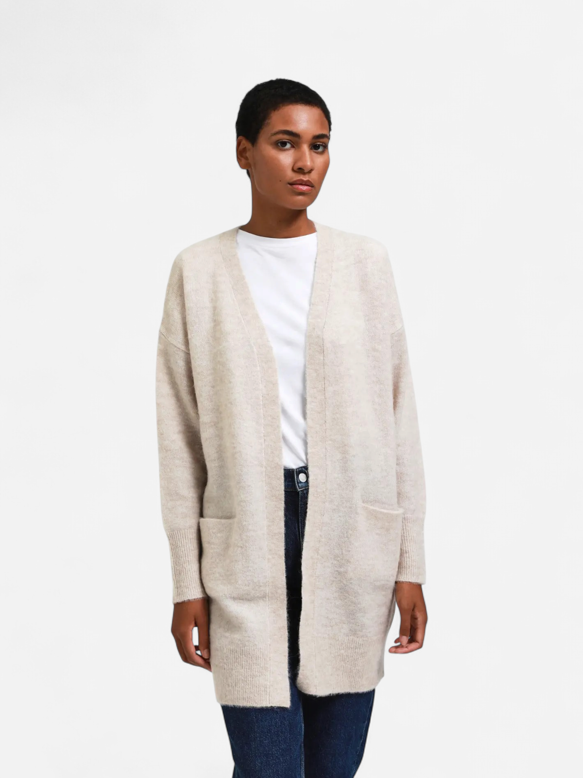 Selected Femme Naisten Neuletakki Lulu New Knit Long Cardigan Birch Melange - Kekäle.fi