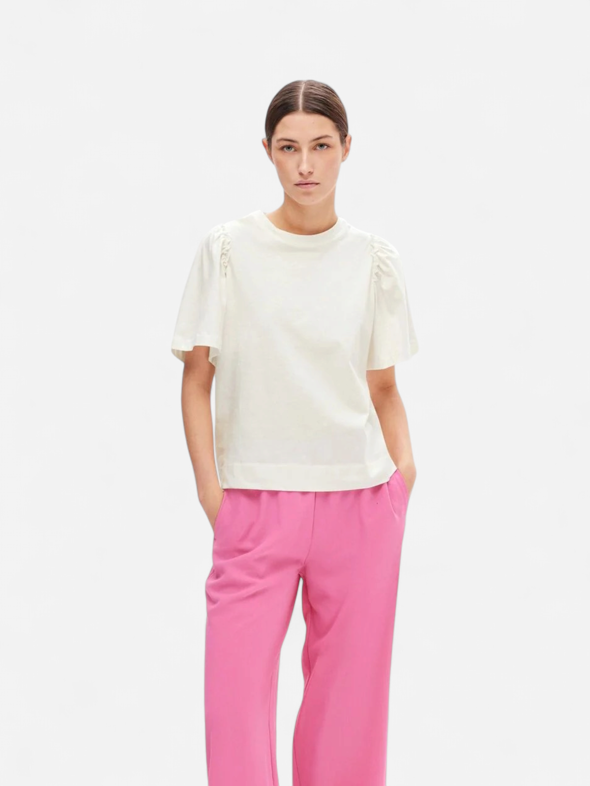 Selected Femme Naisten T-Paita, SLFPENELOPE 2/4 RUFFLE TEE Snow White - Kekäle.fi