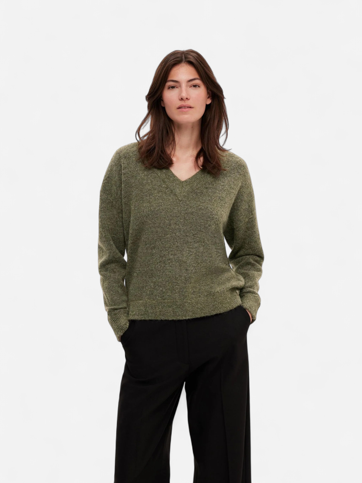 Selected Femme neule, SLFMALINE LS KNIT V-NECK Armeijanvihreä - Kekäle.fi