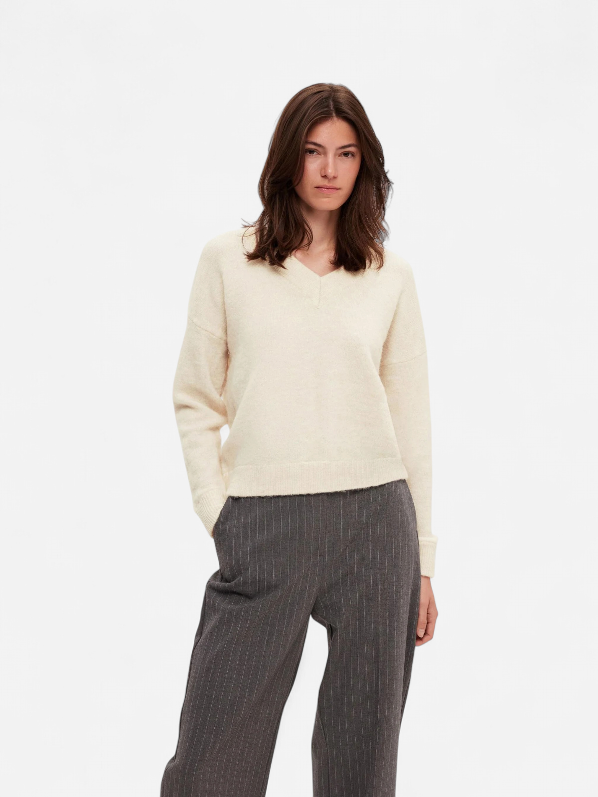 Selected Femme neule, SLFMALINE LS KNIT V-NECK Luonnonvalkoinen - Kekäle.fi