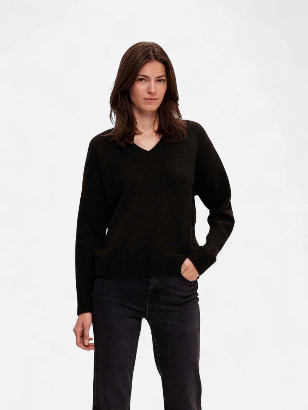 Selected Femme neule, SLFMALINE LS KNIT V-NECK Musta - Kekäle.fi