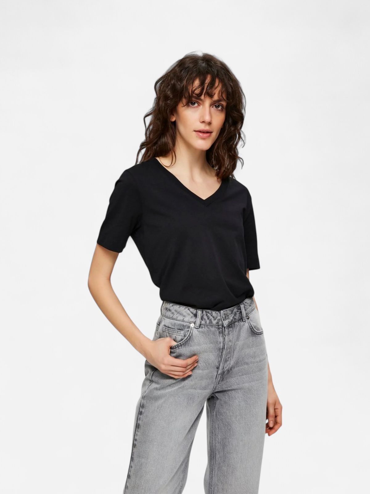 Selected Femme Naisten T-paita, SLFSTANDARD SS V-NECK TEE Musta - Kekäle.fi