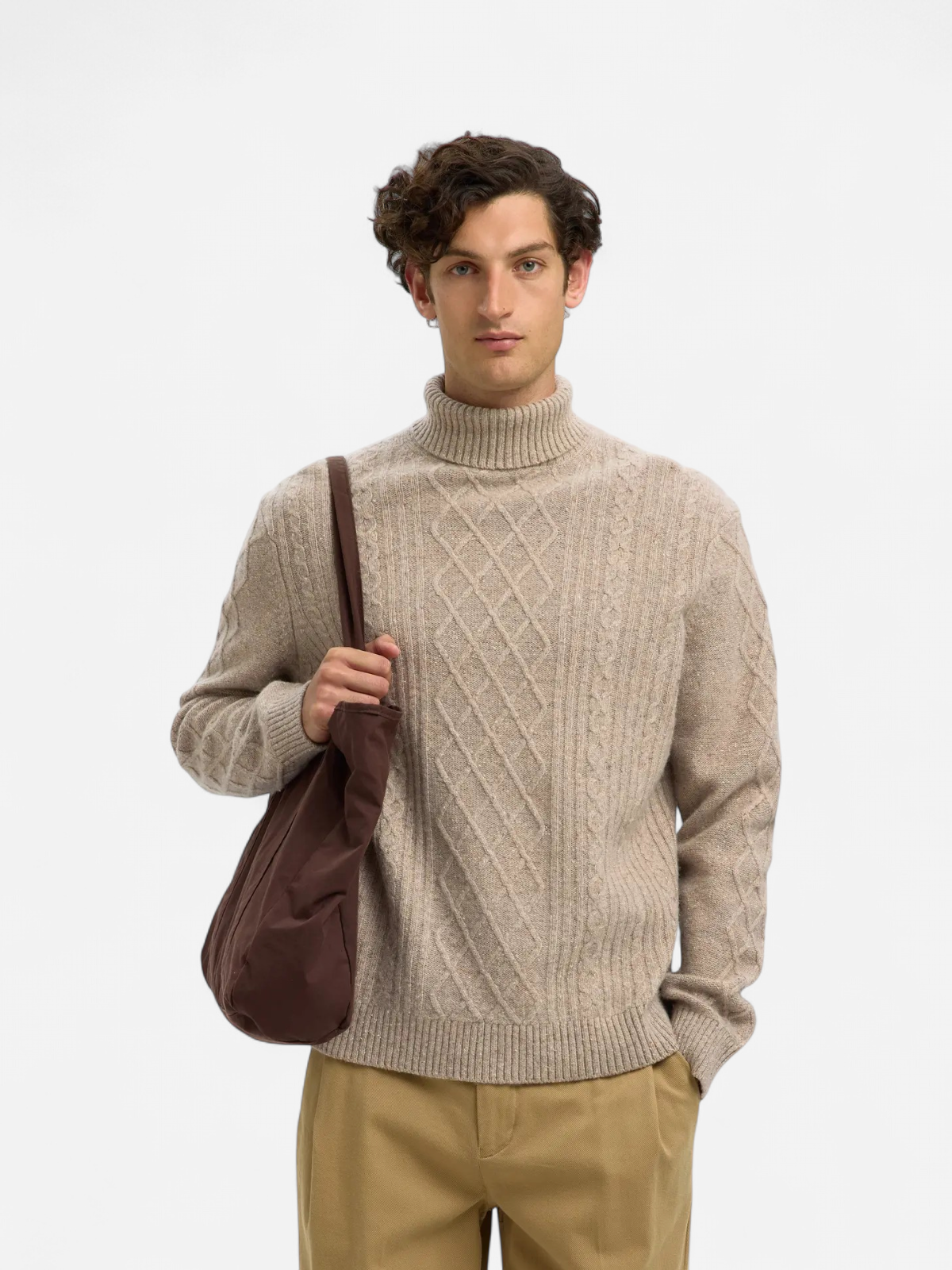 Selected miesten neulepusero, SLHNEIL LS KNIT RELAXED CABLE ROLL NECK Oatmeal Neps - Kekäle.fi