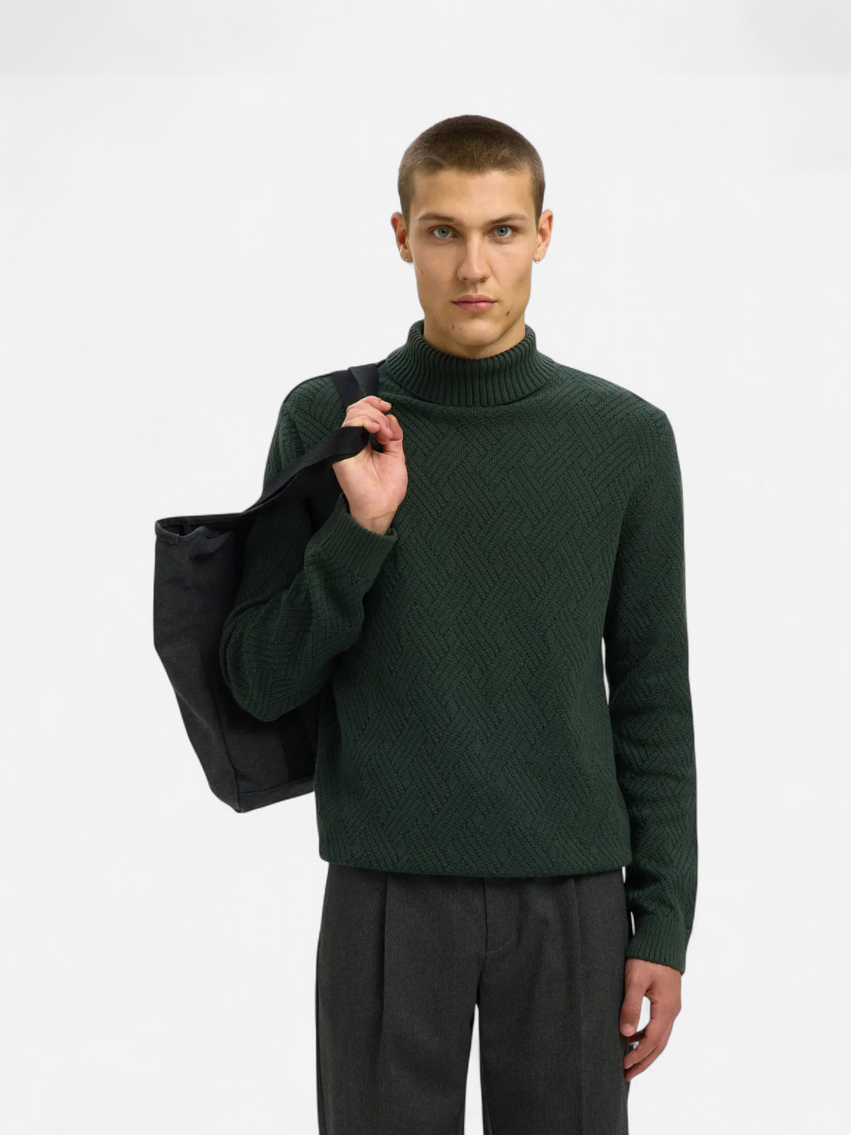 Selected miesten neulepusero, TREVOR LS KNIT STRUCTURE ROLL NECK Deep Forest - Kekäle.fi