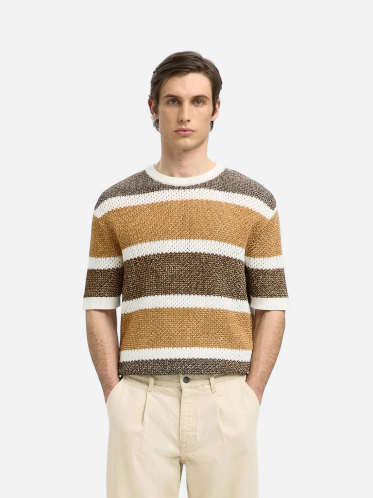 Selected miesten paita, GINGER SS KNIT RELAXED STRIPE Raidallinen Ruskea - Kekäle.fi