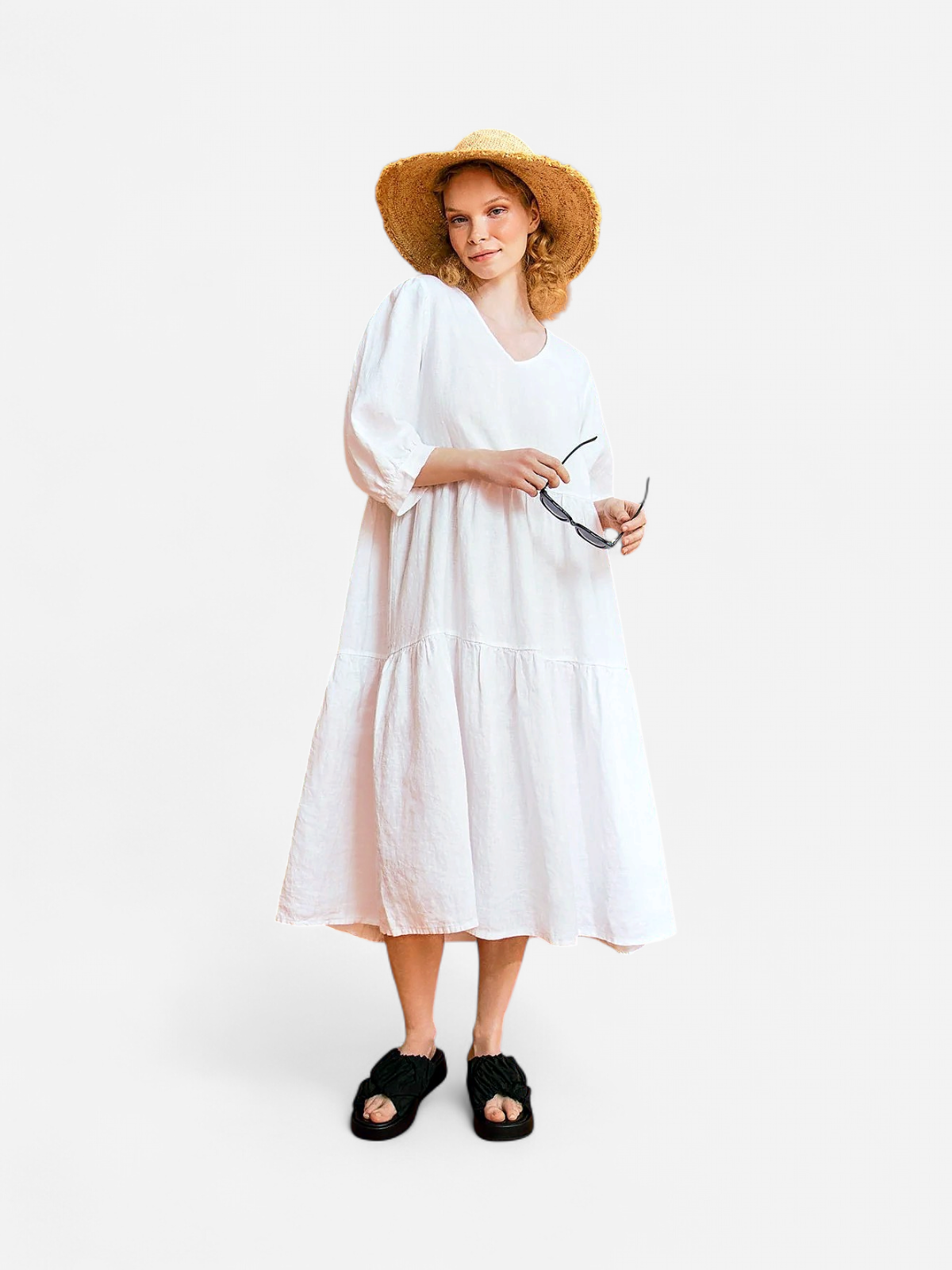 Sinnuu Naisten Mekko SINNUU LINEN DRESS 3/4 FRILL Valkoinen - Kekäle.fi