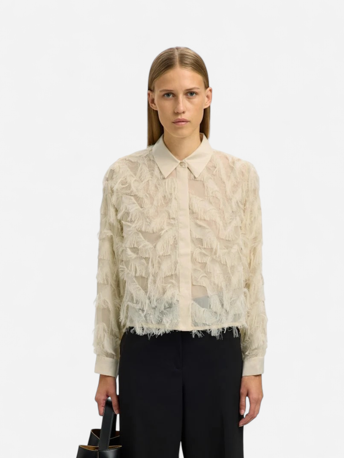Selected Femme naisten paitapusero SLFMYLINE LS FLUFFY CROPPED SHIRT B, Angora - Kekäle.fi