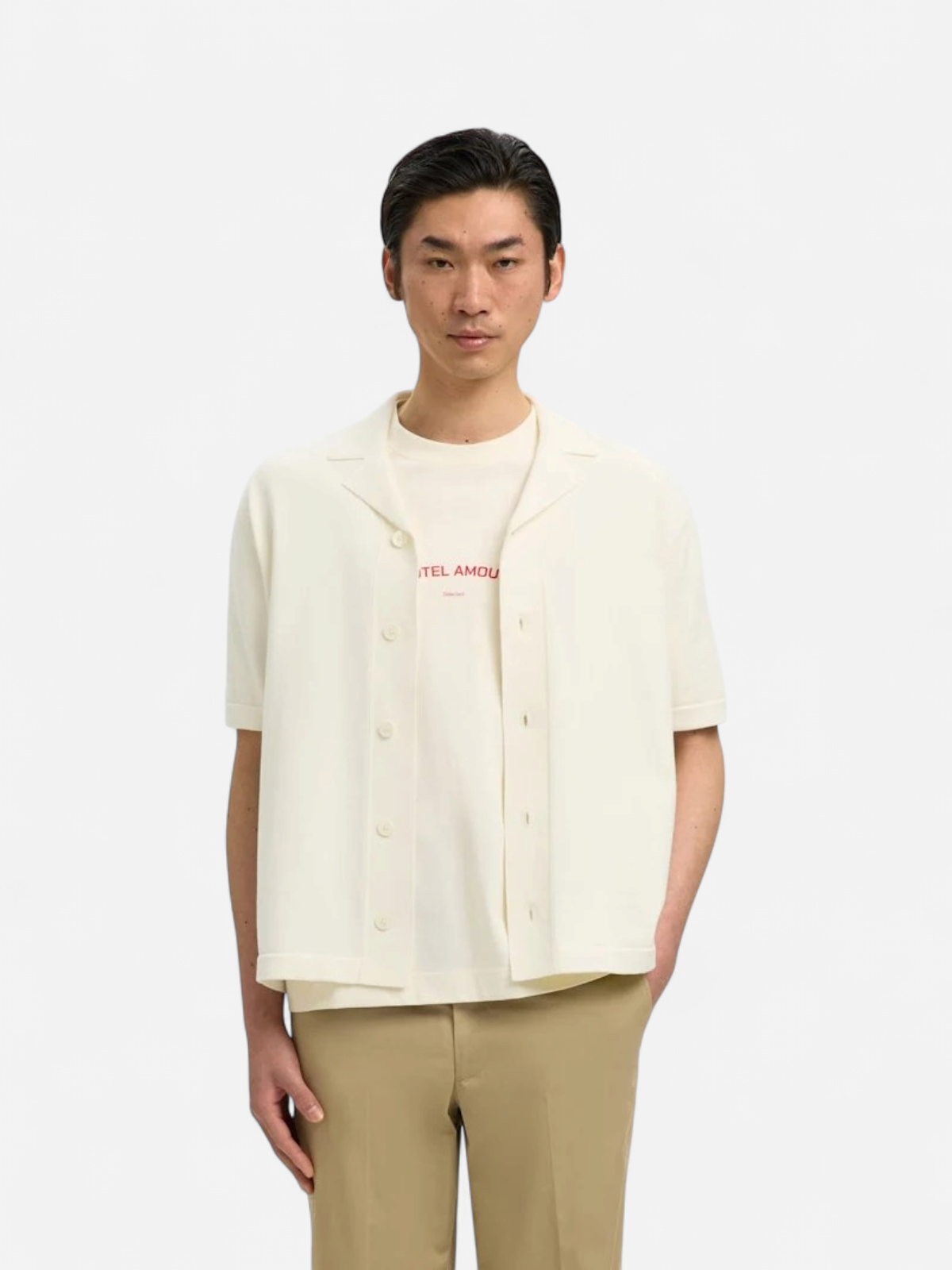 Selected miesten kauluspaita SLHAmour Intarsia Relaxed Polo Cardigan, Egret Artwork - Kekäle.fi