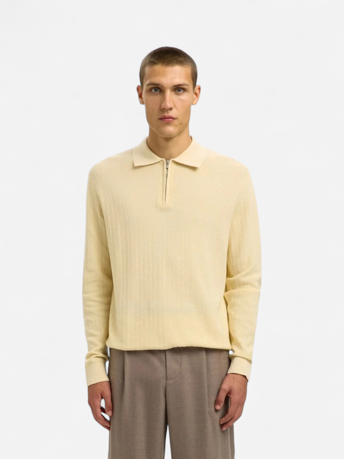 Selected miesten neulepusero SLHCRAN LS Knit Structure Half Zip Polo, Angora - Kekäle.fi