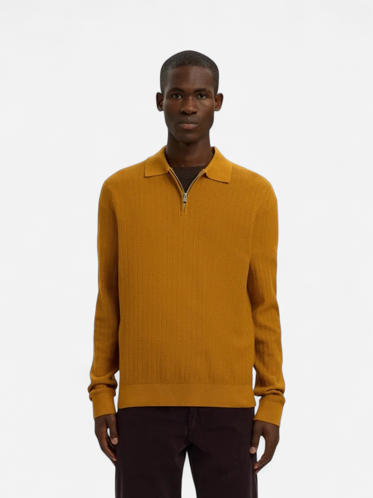 Selected miesten neulepusero SLHCRAN LS Knit Structure Half Zip Polo, Golden Brown - Kekäle.fi