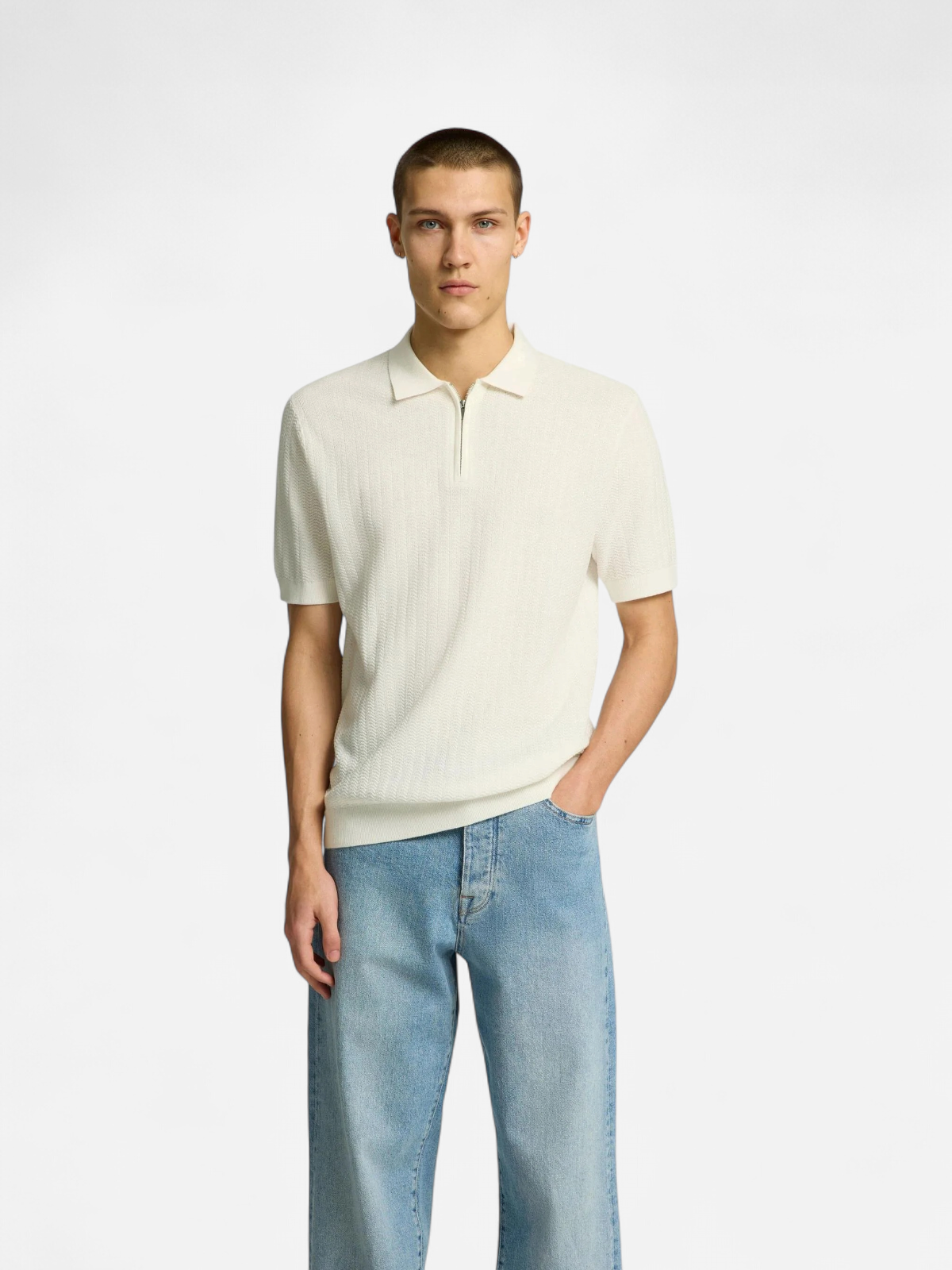 SLHCRAN SS KNIT STRUCTURE ZIP POLO NOOS Egret - Kekäle.fi