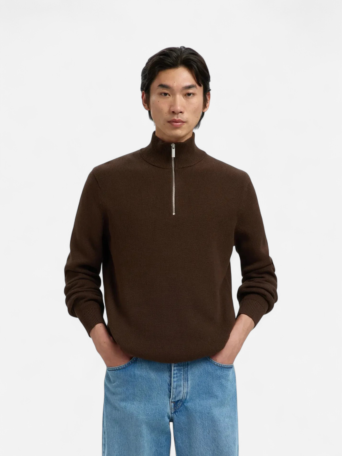 Selected miesten neulepusero SLHDANE LS KNIT STRUCTURE HALF ZIP NOOS, Demitasse - Kekäle.fi