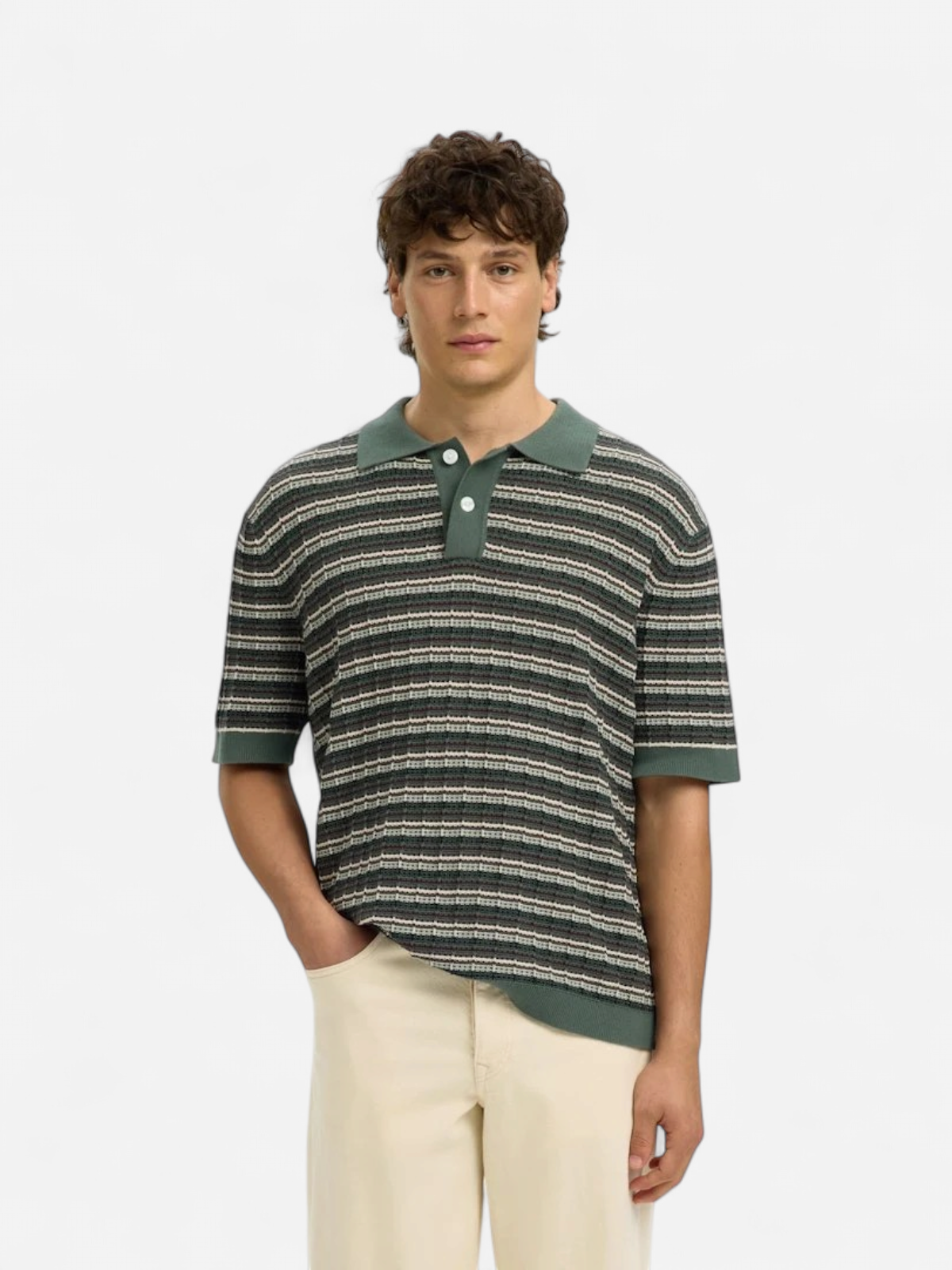 Selected miesten pikeepaita SLHDane SS Knit Color Structure Polo, Balsam Green Stripes - Kekäle.fi