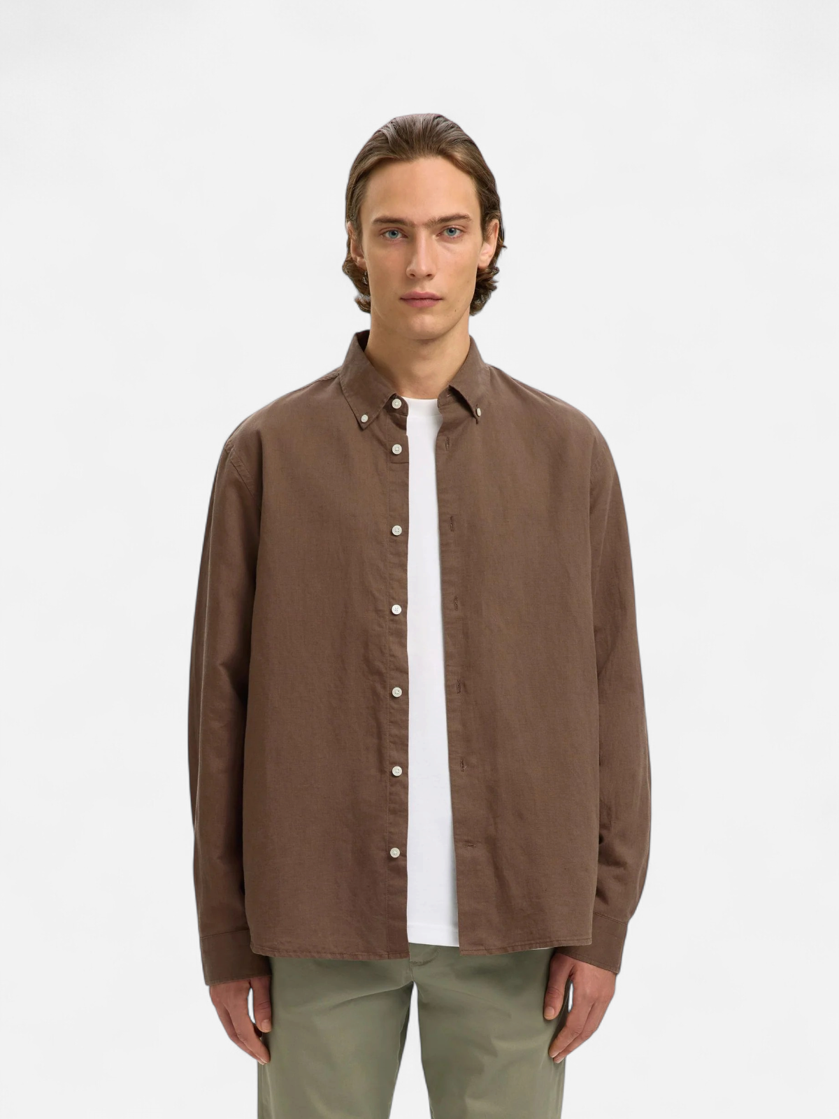 Selected miesten kauluspaita SLHREGCLAY Linenblend LS Shirt, Chocolate Chip - Kekäle.fi
