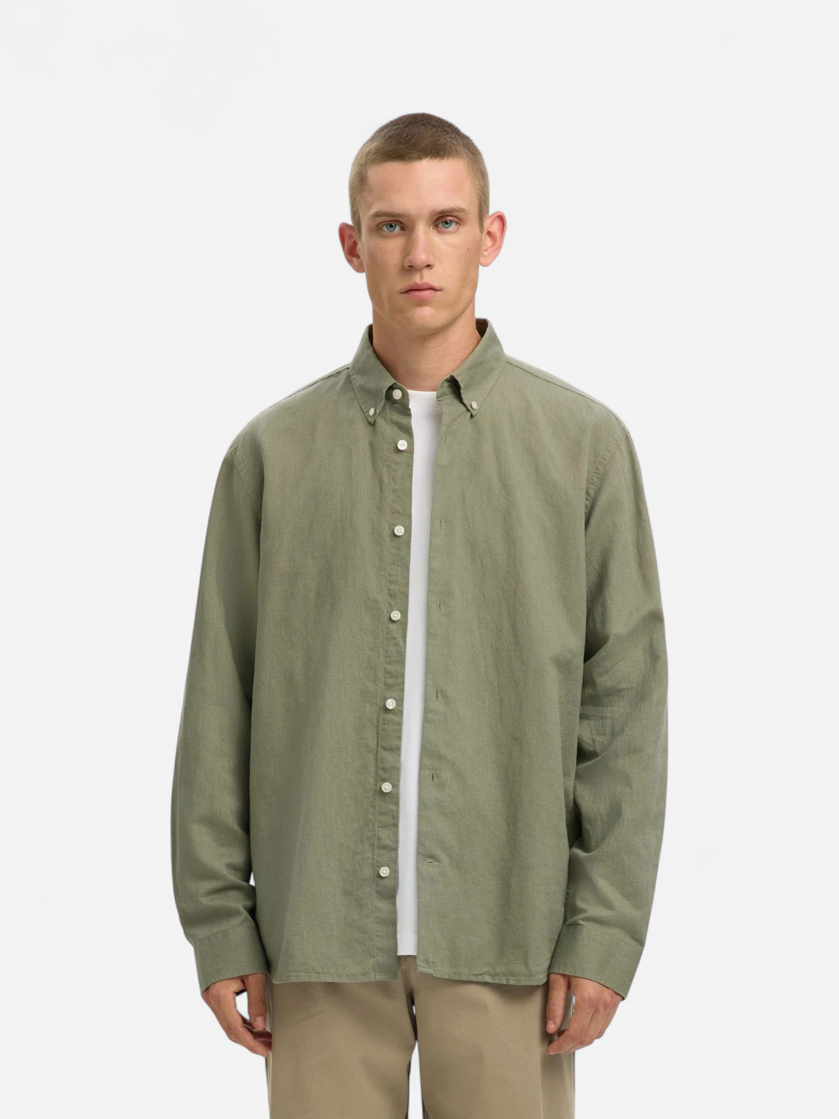 Selected miesten kauluspaita SLHREGCLAY Linenblend LS Shirt, Vetiver - Kekäle.fi