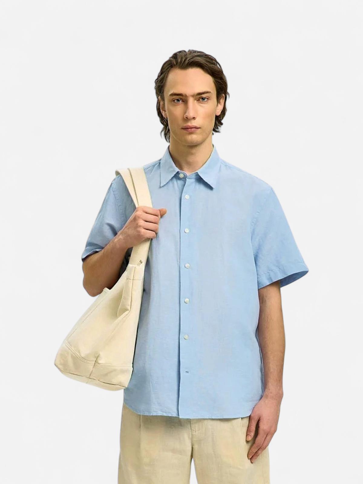SLHREGCLAY LINENBLEND SS SHIRT NOOS K Dusty Blue Mixed w. white - Kekäle.fi