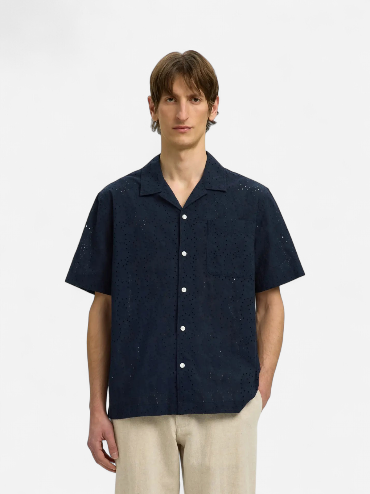 Selected miesten lyhythihainen kauluspaita Broderie SS Shirt, Sky Captain Paisley Embro - Kekäle.fi