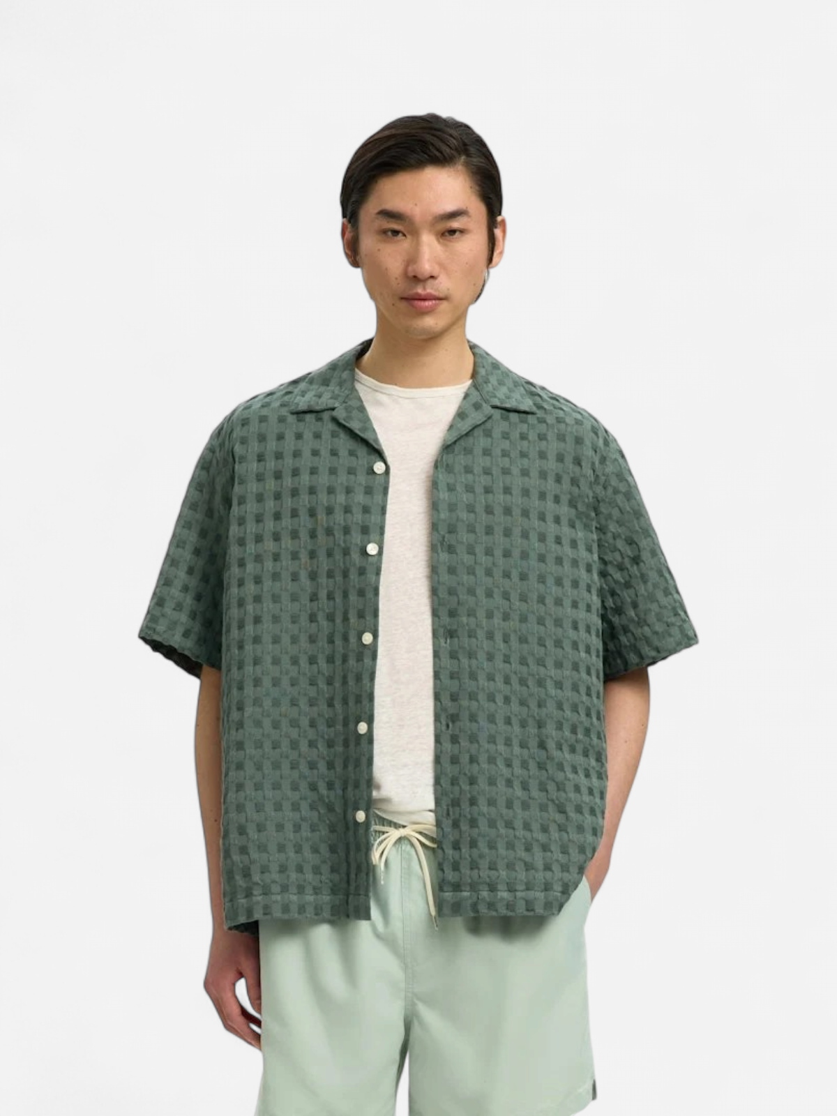 Selected miesten kauluspaita SLHRLXMonty Textyre SS Shirt, Balsam Green Texture - Kekäle.fi