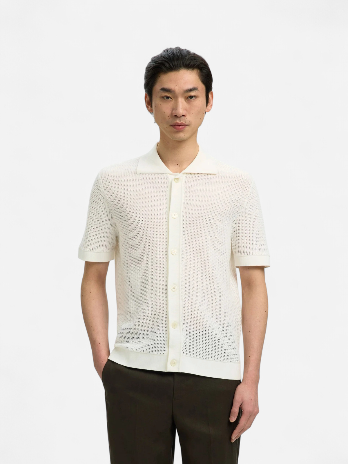 Selected miesten paita Open Struc Polo Cardigan, Egret - Kekäle.fi