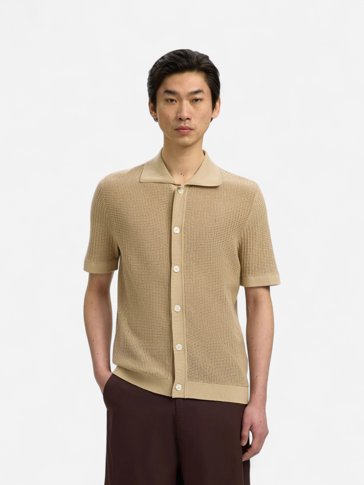 Selected miesten paita Open Struc Polo Cardigan, White Pepper - Kekäle.fi