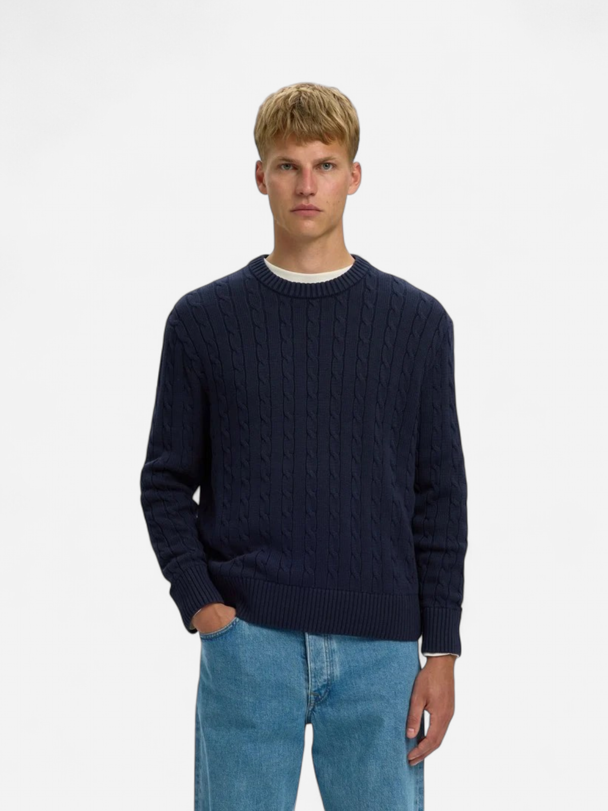 SLMBRAUN KNIT CABLE CREW NOOS Navy Blazer - Kekäle.fi