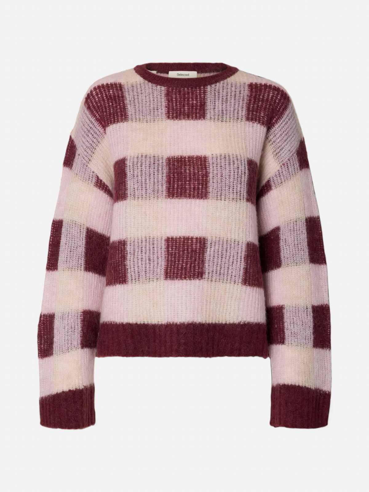 SLWLULU LOOSE LS CHECK KNIT O-NECK Tawny Port Winesome Orchi - Kekäle.fi