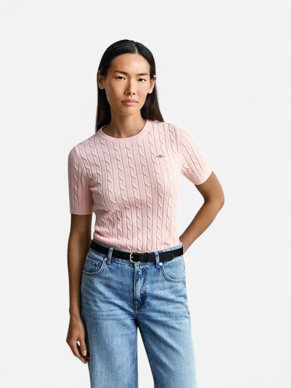 Gant naisten neulepusero Stretch Cotton Cable SS C-Neck, vaaleanpunainen - Kekäle.fi