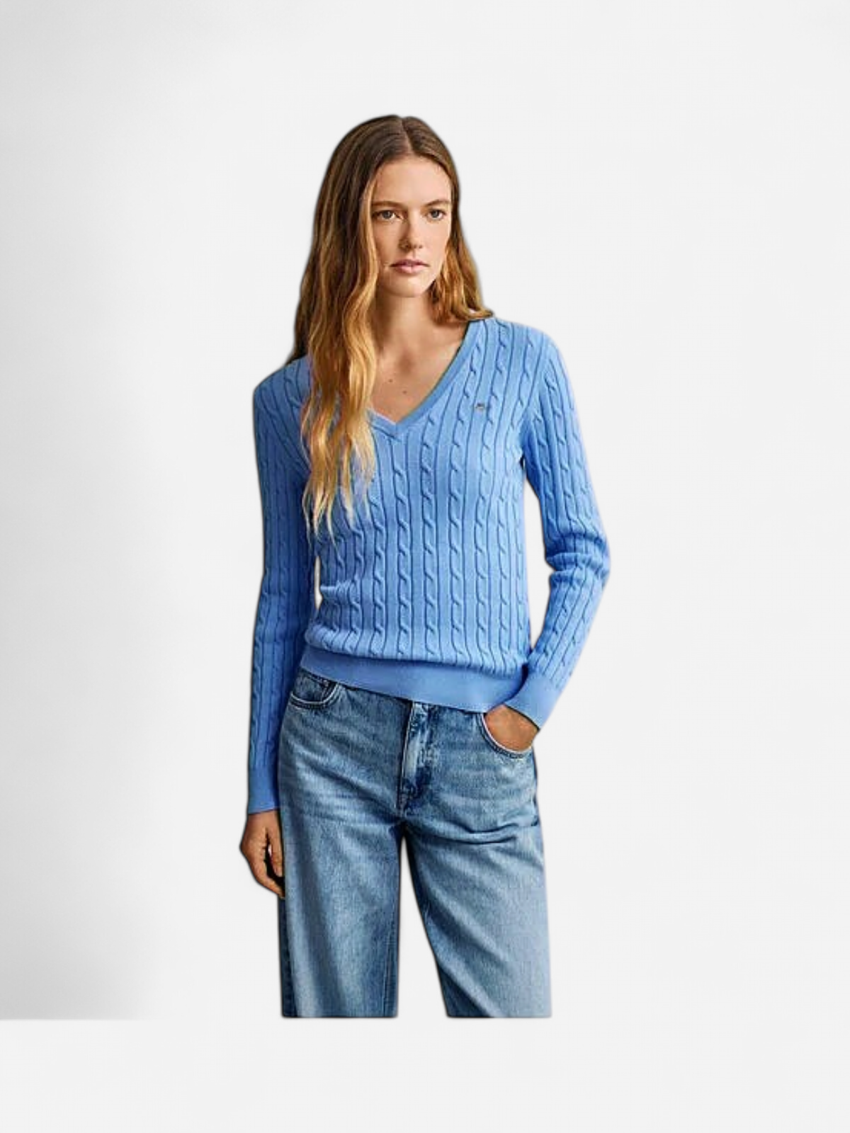 Gant naisten neulepusero Strech Cotton Cable V-Neck, sininen - Kekäle.fi