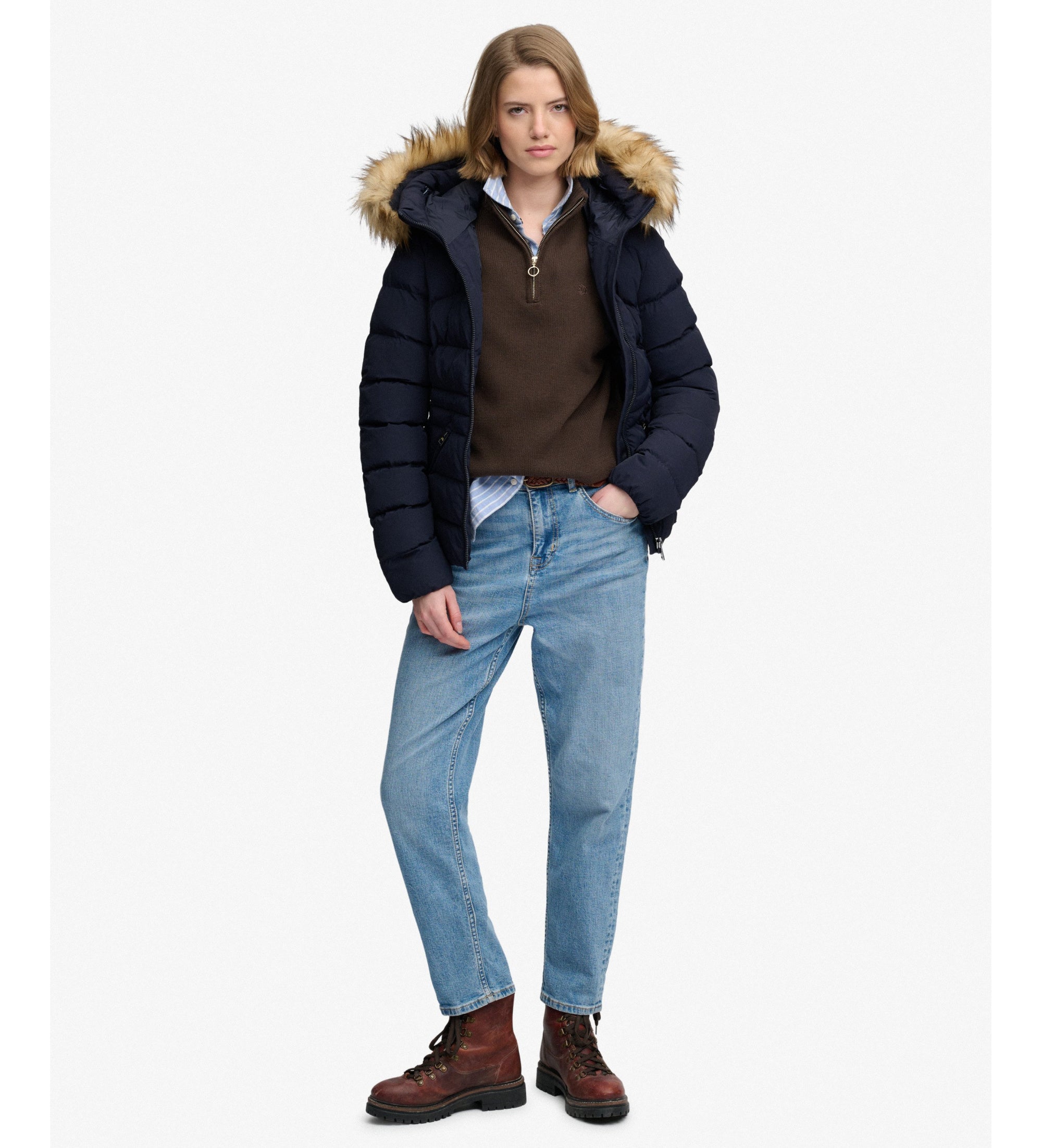 Superdry naisten toppatakki Fuji Faux Fur Hood Padded Jacket, tummansininen