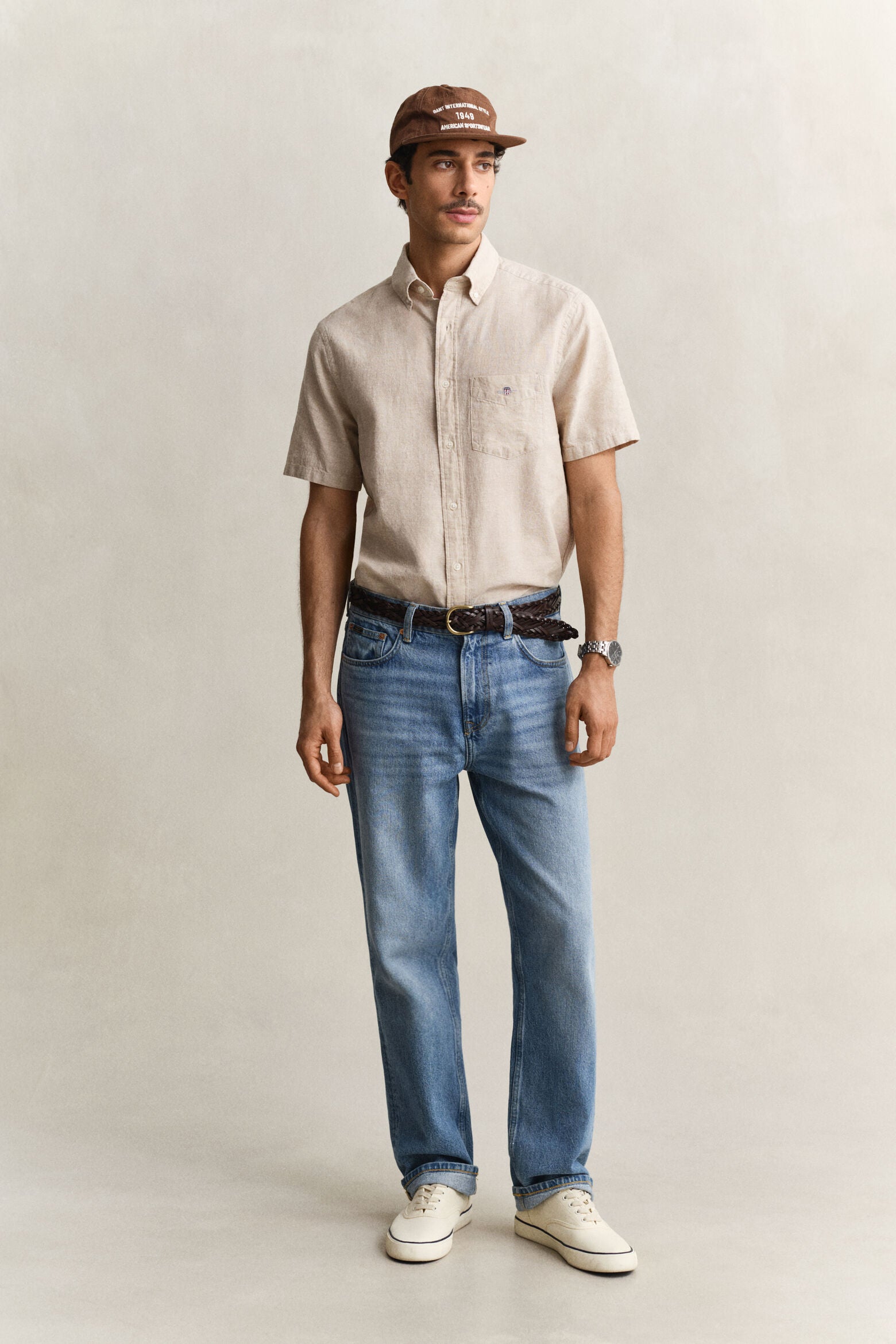 Gant miesten lyhythihainen kauluspaita Regular Cotton Linen Shirt, beige